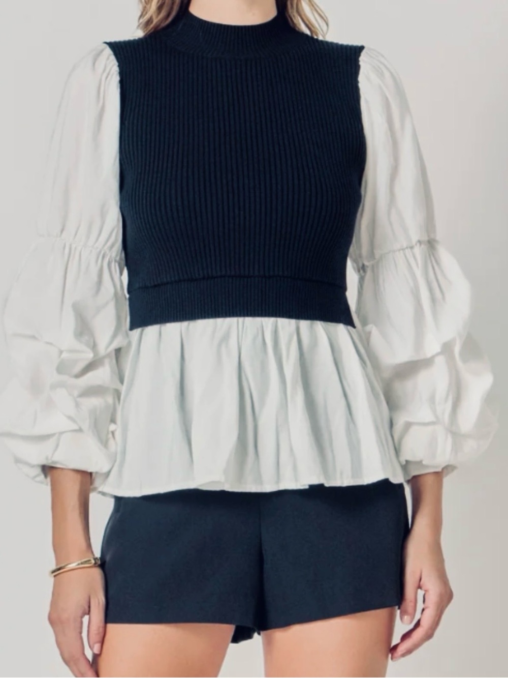 English Factory Black Knit Sleeveless Layered Top with White Puff Sleeves
